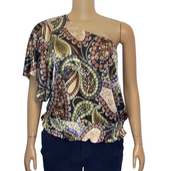 90s Rampage Top One shoulder Satin Paisley print Brown Smocked Waist Size L - Picture 1 of 11